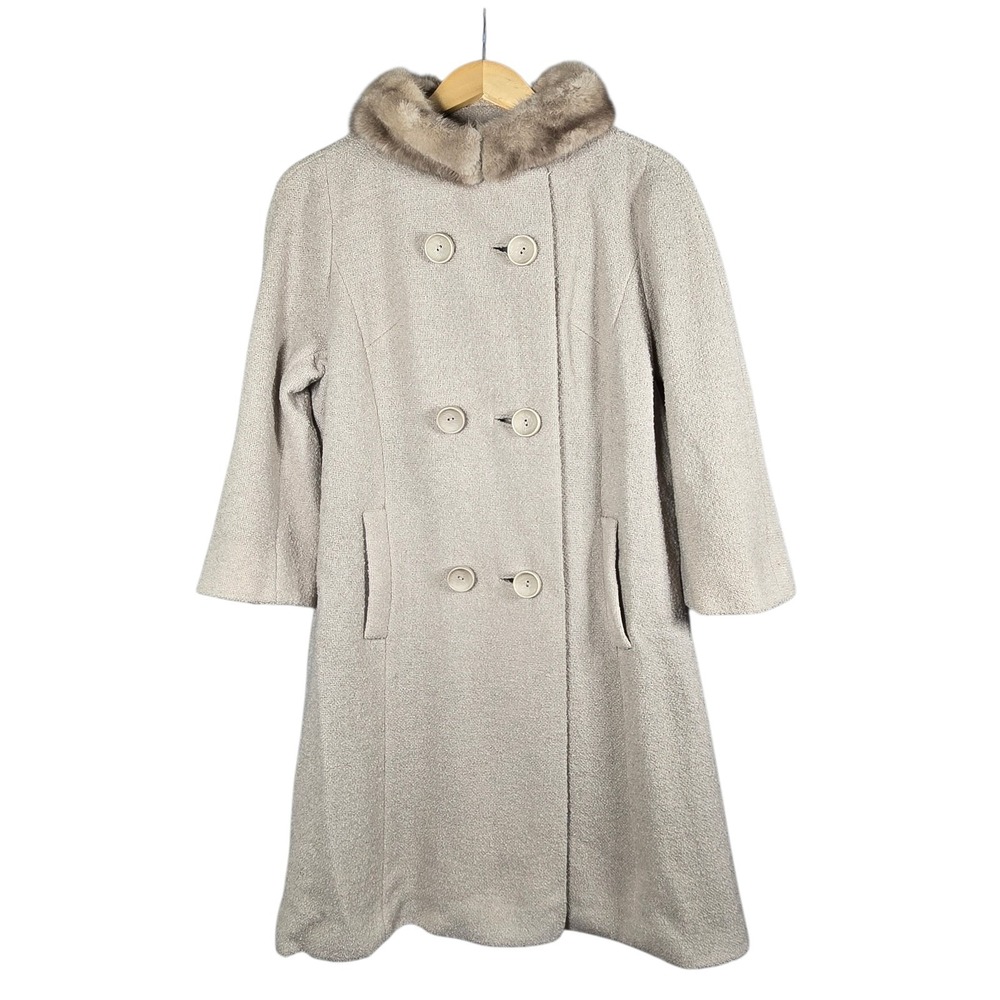 VTG 60s Wool A Line Mod Swing Coat Mink Fur Collar Cain Sloan Union Made M Gray
